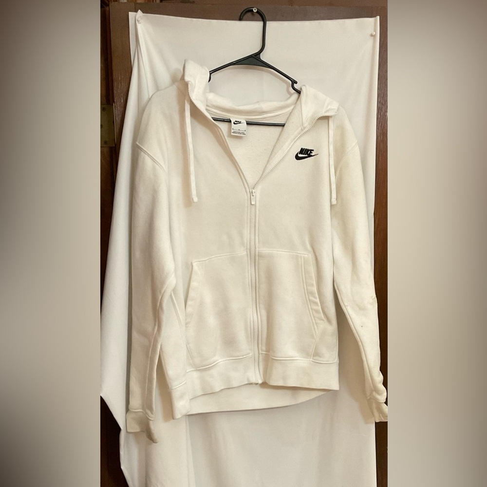 Nike: unisex white zip up front sports wear hoodie sweat jacket size medium.